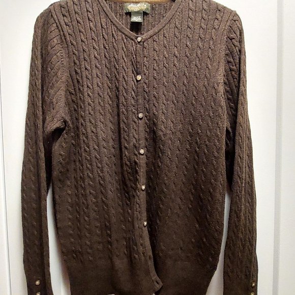 VINTAGE EDDIE BAUER Women's Chocolate Brown Cable Knit Button Down Sweater XL - Picture 3 of 10